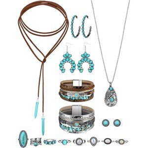 15 Pcs Bohemian Turquoise Jewelry Set - Necklaces, Earrings & Bracelets